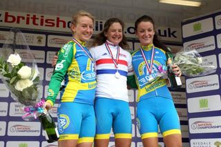 The winner's podium for AA Drink leontien.nl teammates Emma Pooley, Sharon Laws and Lizzie Armitstead