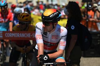 Fred Wright in the best young rider's jersey at the Criterium du Dauphine