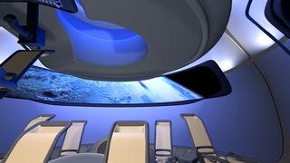Boeing's new CST-100 commercial interior features the aerospace company's sky-blue interior lighting already featured in its modern airliners and uses a large digital display to substitute for passenger windows.