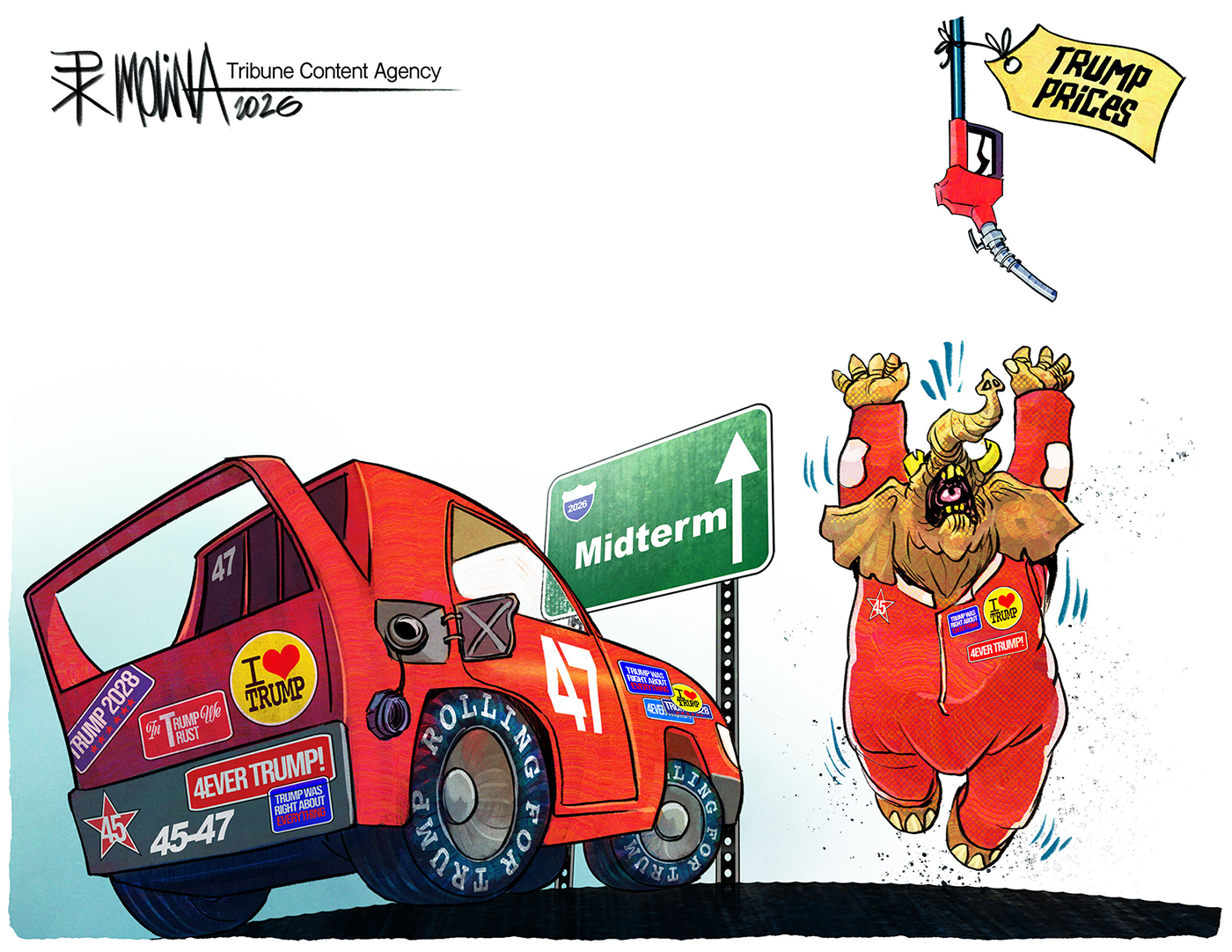 A racing car is covered in different pro-Trump bumper stickers. It is parked near a sign pointing to the Midterm election. The car needs to be filled up with gas. An elephant in a pit-crew suit jumps to reach a gas pump labeled &amp;ldquo;Trump Prices&amp;rdquo; but can&amp;rsquo;t reach it, because it is too high.
