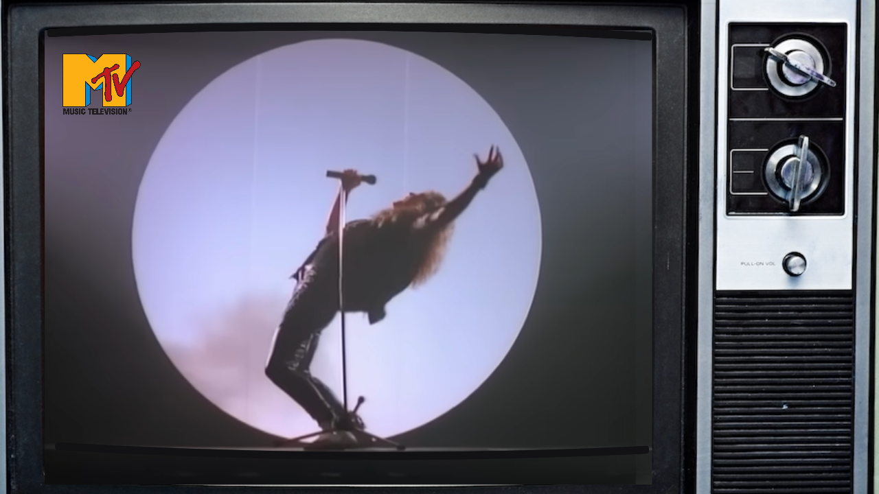 An 80s TV showing a clip from Whitesnake&#039;s Still of the Night video