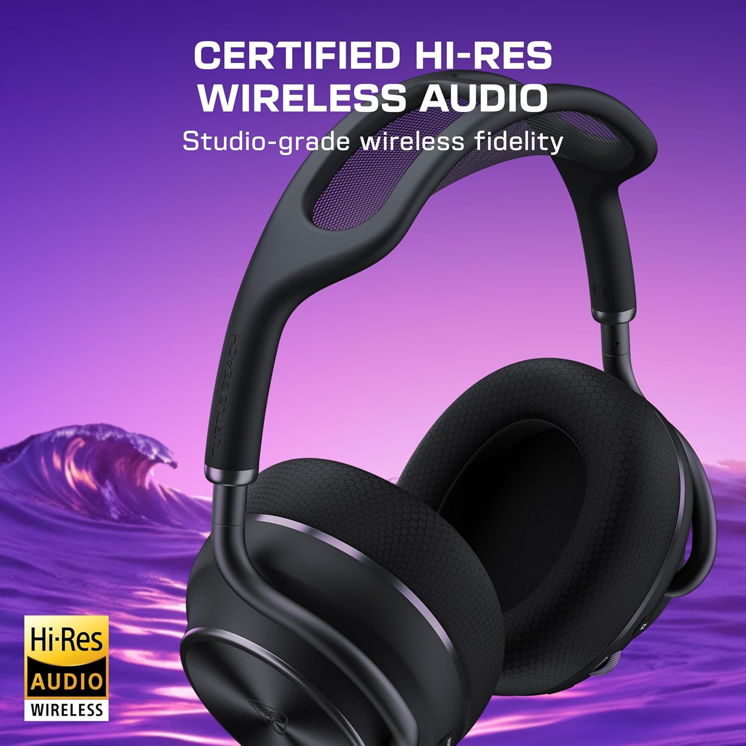 Black wireless headphones against a purple ocean wave background. Text reads: &ldquo;Certified Hi-Res Wireless Audio, Studio-grade wireless fidelity.&rdquo; Hi-Res Audio logo present.