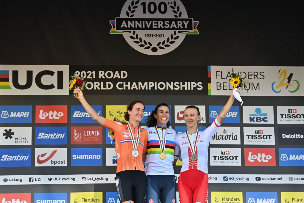 Dutch Marianne Vos Italian Elisa Balsamo and Polish Katarzyna Niewiadoma pictured on the podium after the women elite road race on the seventh day of the UCI World Championships Road Cycling Flanders 2021 15770km from Antwerp to Leuven on Saturday 25 September 2021 The Worlds take place from 19 to 26 September 2021 in several cities in Flanders Belgium BELGA PHOTO DIRK WAEM Photo by DIRK WAEMBELGA MAGAFP via Getty Images