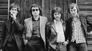 The original line-up of English rock group Dr Feelgood, Canvey Island, Essex, April 1976. Left to right: guitarist Wilko Johnson, drummer John 'The Big Figure' Martin, bassist John B Sparks and singer Lee Brilleaux