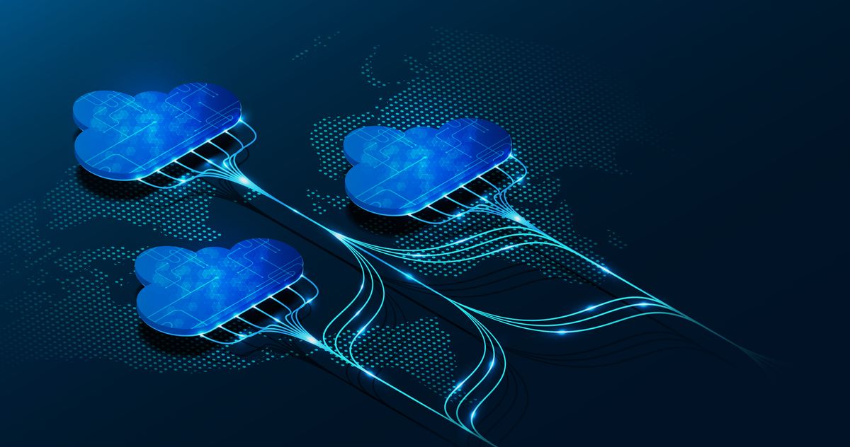 Cloud skills depicted in an image showing multiple cloud symbols seemingly connected digitally by the global internet