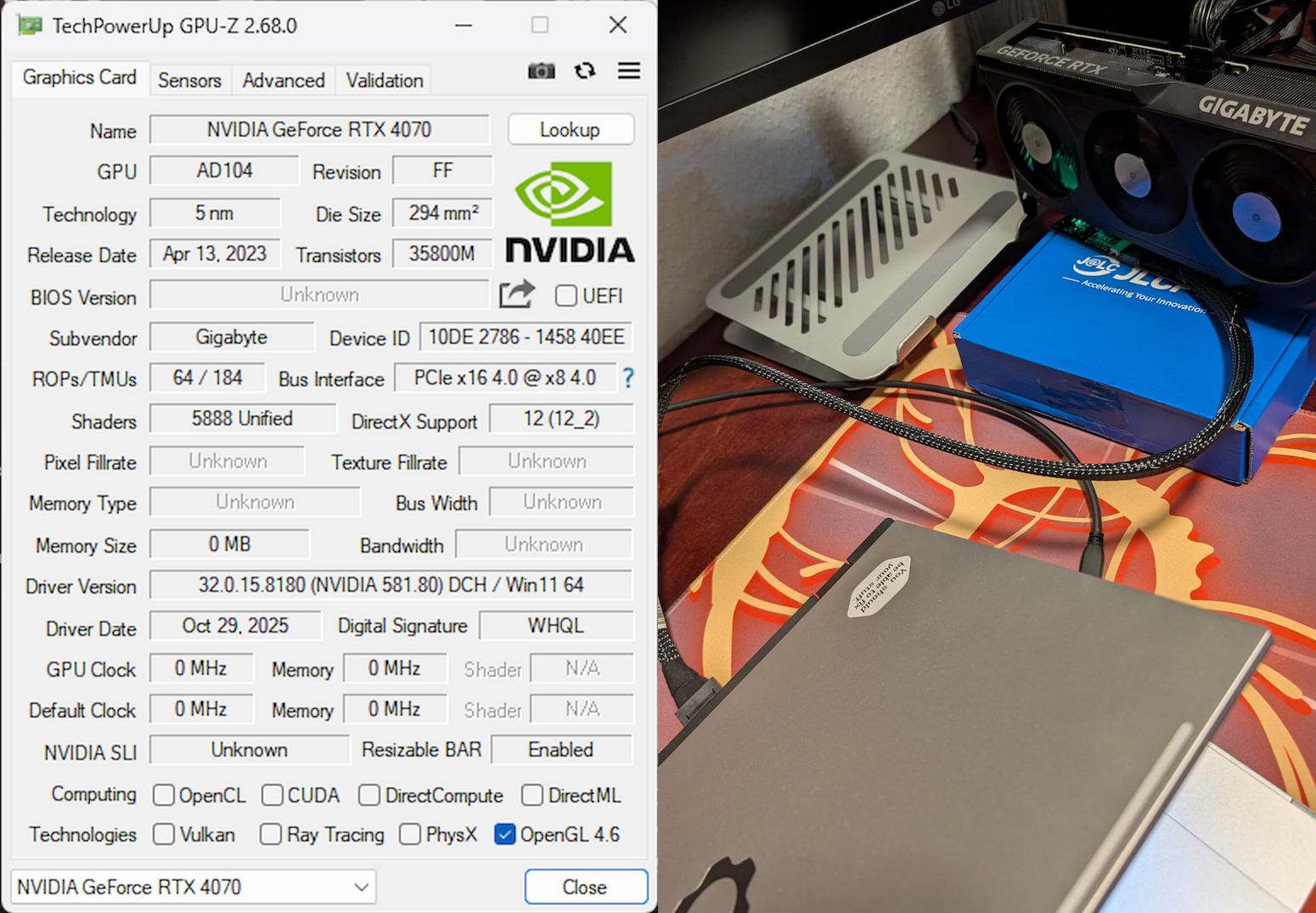 A composite showing GPU-Z information for the eGPU pictured in the left half of the image.