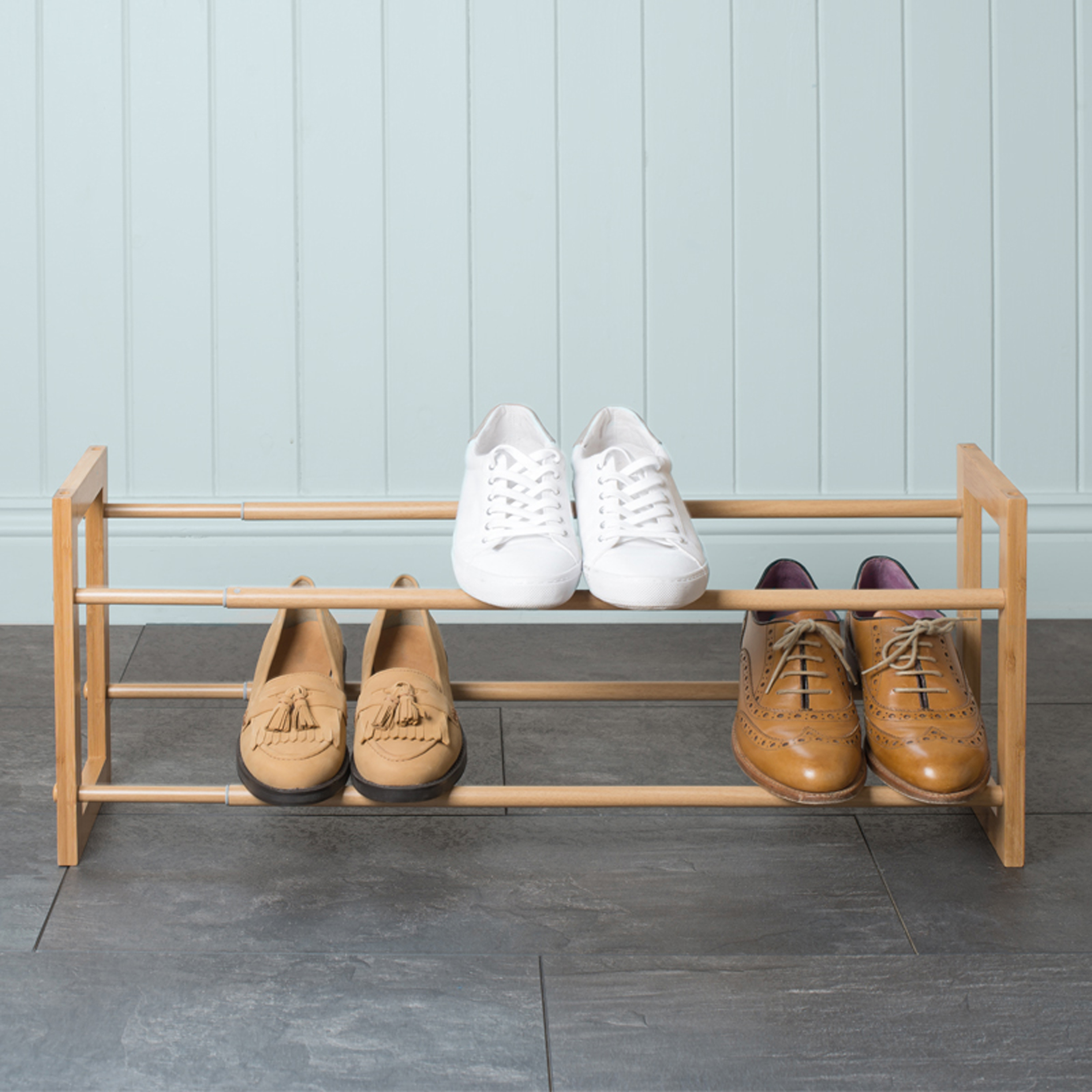 extendable and stackable shoe rack from Lakeland used as a shoe storage idea