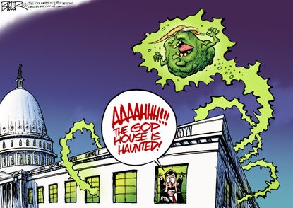 Political cartoon U.S. 2016 election Donald Trump haunted GOP house