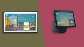 The Amazon Echo Show 15 on a green background and the Amaozn Echo Show 10 on a pink background