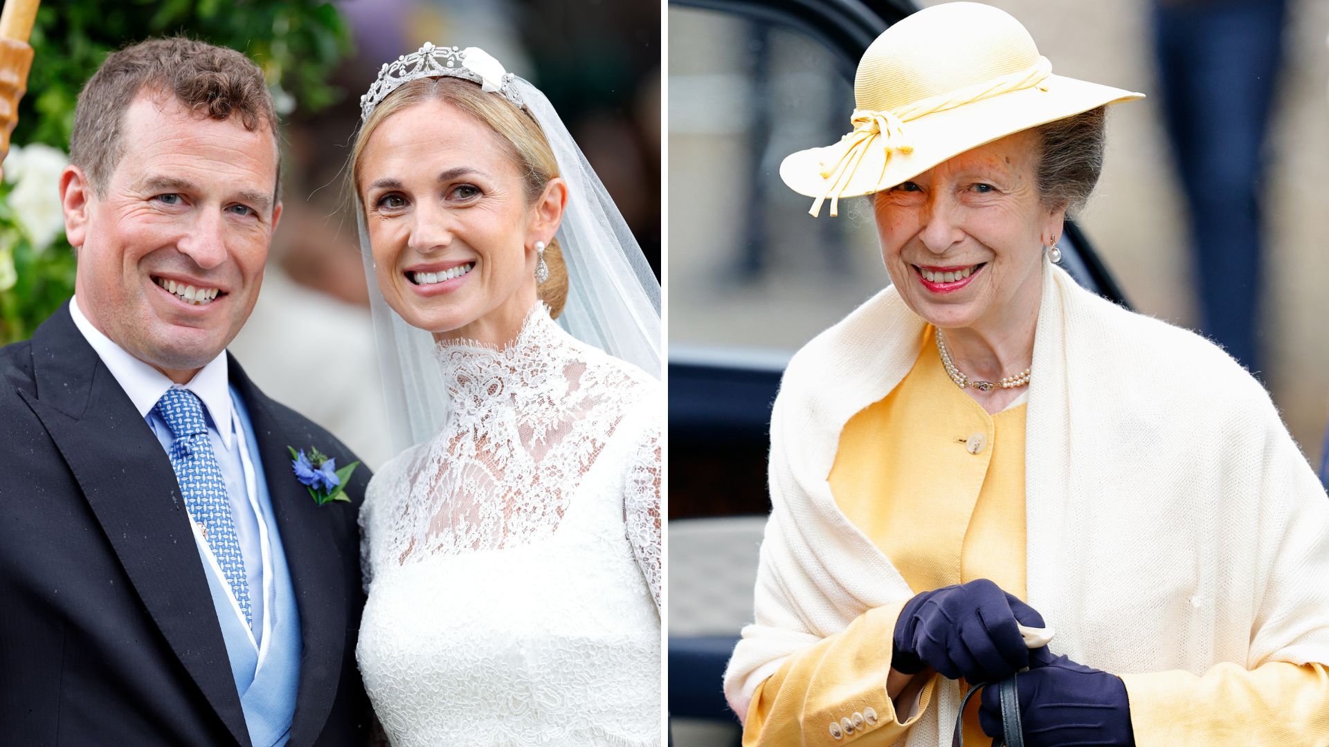 A composite of a picture of Peter Phillips and Harriet Sperling on their wedding day and a picture of Princess Anne on the same day