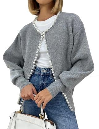 Kedera Womens Casual Cardigan Sweater Elegant Long Sleeve Oversized Pullover Knit Sweater With Pearls Grey