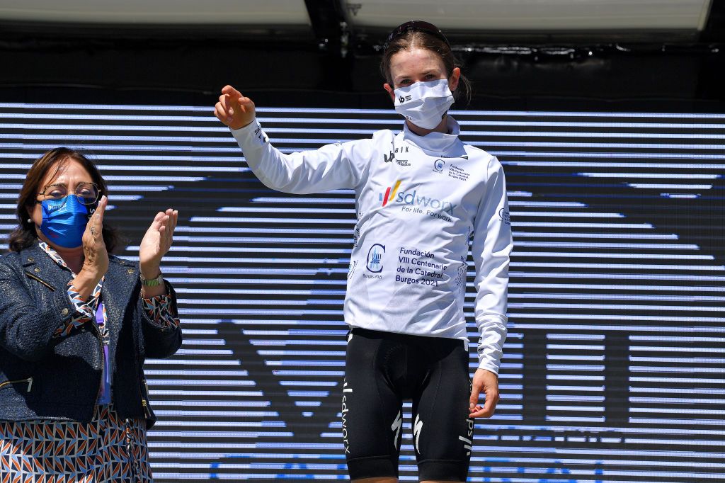 SARGENTES DE LA LORA SPAIN MAY 20 Niamh FisherBlack of New Zealand and Team SD Worx white best young jersey celebrates at podium during the 6th Vuelta a Burgos Feminas 2021 Stage 1 a 100km stage from Villadiego to Sargentes de la Lora 1013m VueltaBurgos BurgosFem UCIWWT on May 20 2021 in Sargentes de la Lora Spain Photo by Luc ClaessenGetty Images