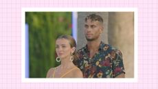 Kady McDermott and Ouzy See in the Love Island 2023 villa/ in a pink template