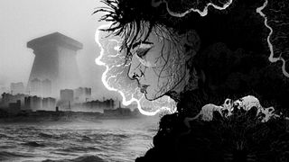 A hand drawn black and white image depicting a punk person overlooking a fungally infected city