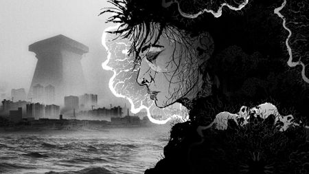 A hand drawn black and white image depicting a punk person overlooking a fungally infected city