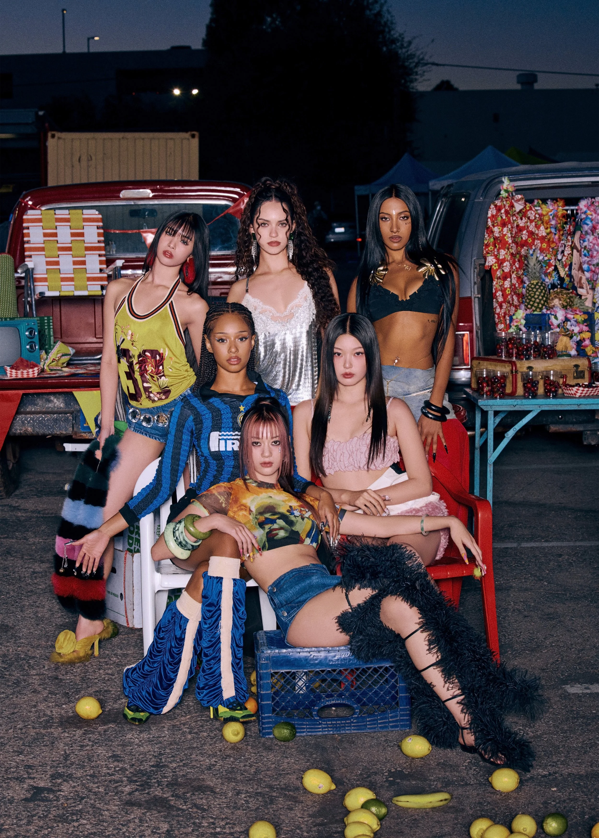 the girl group katseye poses outside a parking lot with trucks