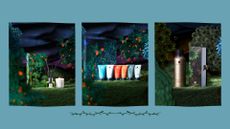 A collage featuring three of the Templespa Midnight Mediterranean Garden gifts sets on a dark blue background