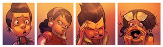 Cartoon strip of cartoon characters showing fear, thoughtfulness, frustration and terror