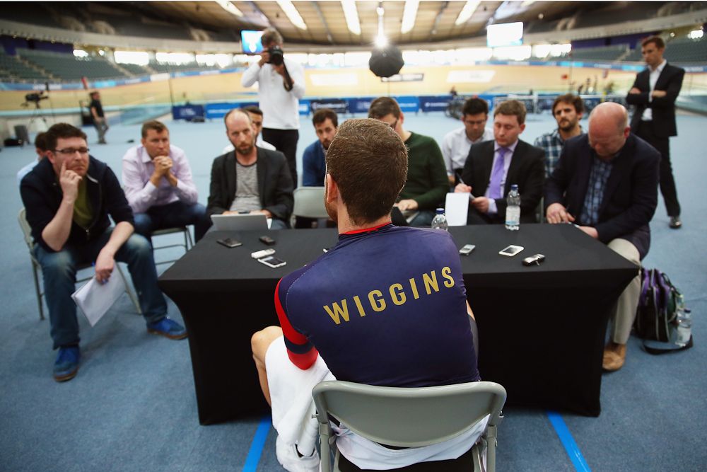 Bradley Wiggins meets the press after his training session in London.