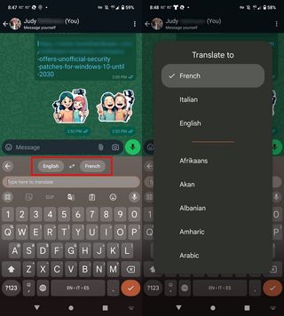 Choosing a language to translate from and to on Gboard.