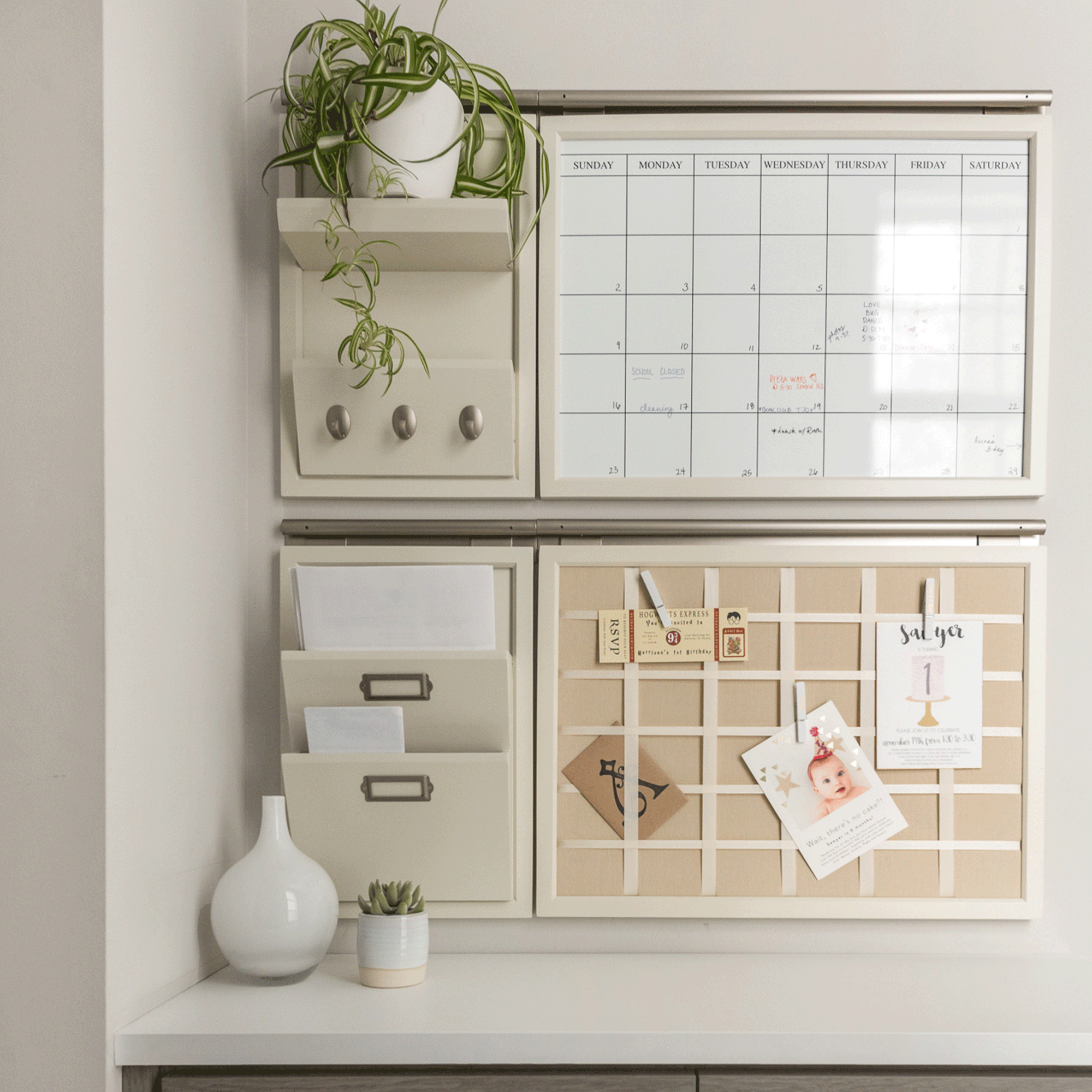 Command centre with white board with plant pot