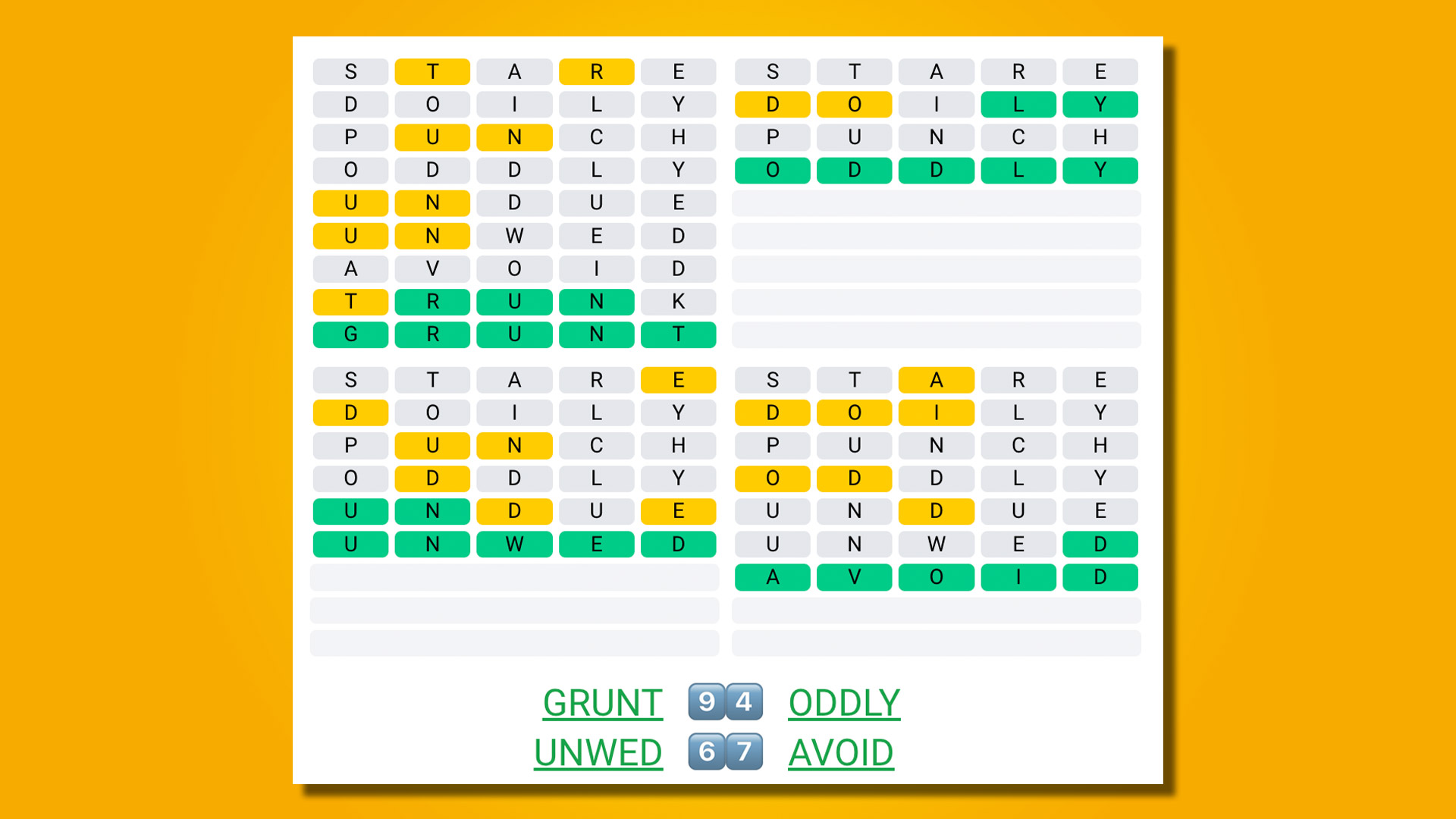 Quordle 416 answers on a yellow background