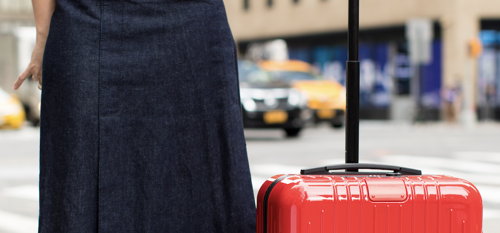 Suitcase, Clothing, Red, Waist, Hand luggage, Street fashion, Fashion, Travel, Leg, Baggage, 