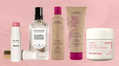 A collection of Cherry blossom-infused or inspired beauty buys from VIOLETTE_FR, L'Occitane, Aveda and Innisfree, pictured on a pink watercolour paint-style template