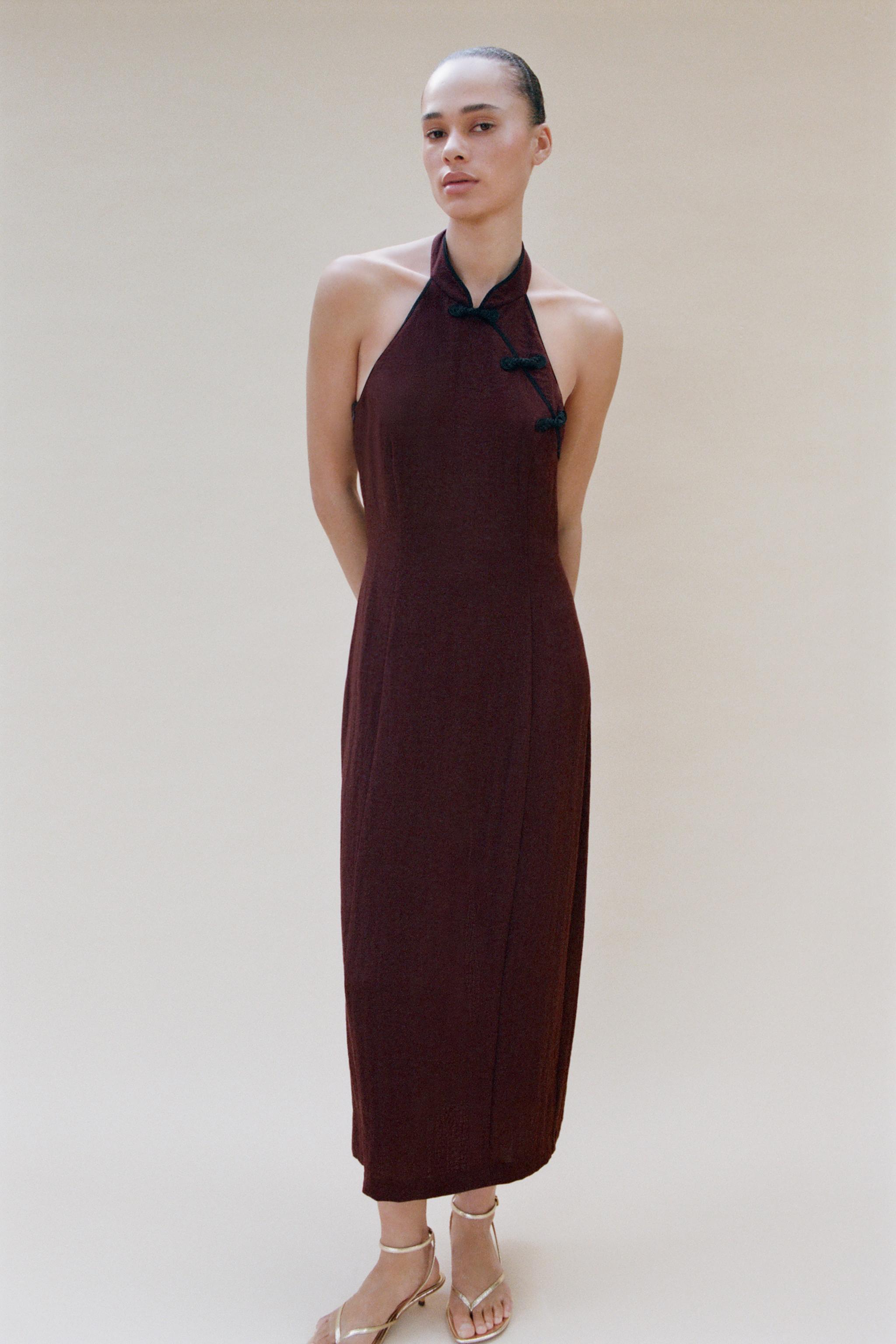Halter Dress With Frog Fastening - Burgundy - Xs