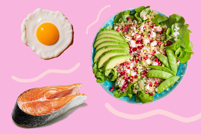 a collage of fat burning foods like salmon, eggs and an avocado and whole grain salad