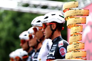 COGNE ITALY MAY 22 Detailed view of Trofeo Senza Fine during the team presentation prior to the 105th Giro dItalia 2022 Stage 15 a 177km stage from Rivarolo Canavese to Cogne 1622m Giro WorldTour on May 22 2022 in Cogne Italy Photo by Michael SteeleGetty Images