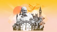 Photo montage of Ed Davey, Lib Dem supporters and Westminster