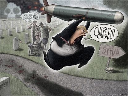 Political Cartoon U.S. President Trump launch Tomahawk missiles Syria America First