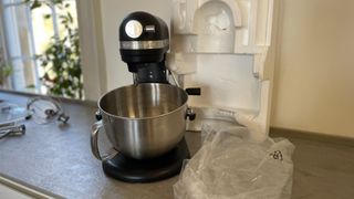 KitchenAid 6.6-litre Artisan Bowl Lift Stand Mixer unboxed on the counter