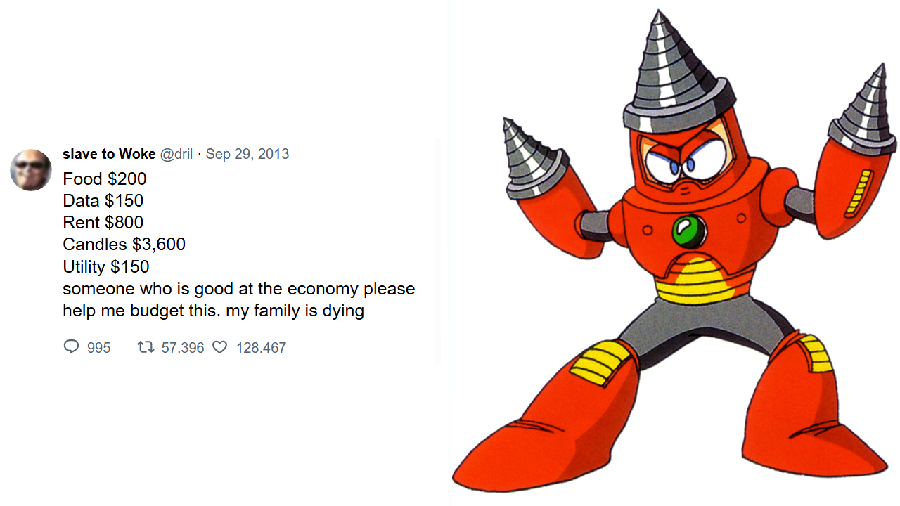 A dril tweet alongside art from the game Mega Man