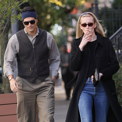 Paul Kelly and Sarah Pidgeon are seen on the movie set of the 'American Love Story' in Chelsea, Manhattan on October 23, 2025 in New York City. 