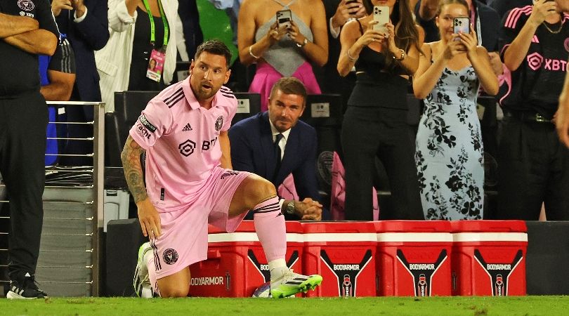 Inter Miami co-owner David Beckham watches Lionel Messi in action against Cruz Azul in July 2023.