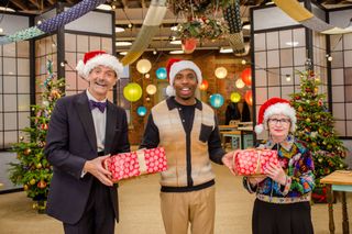 The Great British Sewing Bee Christmas special 2023 host Kiell Smith-Bynoe with judges Patrick and Esme.