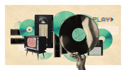 Photo collage of different types of physical media - vinyl records, CDs, DVDs, a floppy disk, 35mm film, and a retro style TV showing static.