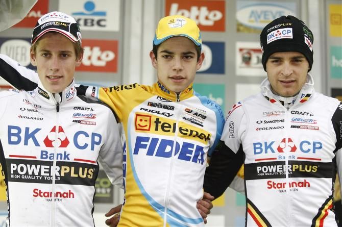 Superprestige Gieten U23 podium (L-R): Jens Adams, Wout van Aert and Wietse Bosmans