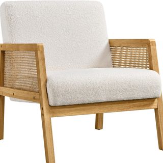 boucle chair with rattan frame