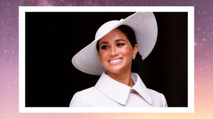 Meghan Markle on a starry pink and purple background