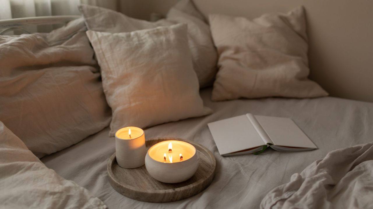 Evening candle situated on a cosy-looking bed