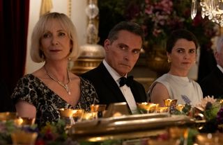 Allison Janney as Grace, Rufus Sewell as Hal Wyler, Keri Russell as Kate Wyler in episode 206 of The Diplomat.