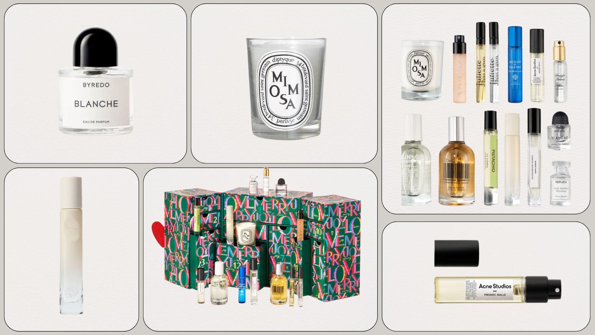 A collage with photos of the products from the SpaceNK 12 Days of Fragrance Advent Calendar