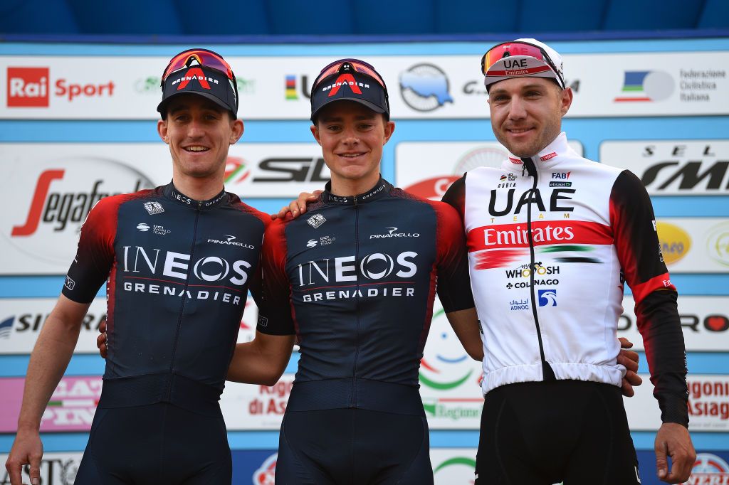 SAN MARINO ITALY MARCH 24 LR Eddie Dunbar of Ireland and Team INEOS Grenadiers on second place race winner Ben Tulett of United Kingdom and Team INEOS Grenadiers and Marc Hirschi of Switzerland and UAE Team Emirates on third place pose on the podium ceremony after the 36th Settimana Internazionale Coppi e Bartali 2022 Stage 3 a 1471km stage from San Marino to San Marino 648m CoppieBartali on March 24 2022 in San Marino Italy Photo by Dario BelingheriGetty Images
