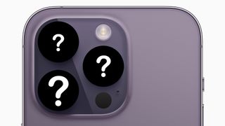 iPhone 14 Pro MAx with question marks on its camera sensors