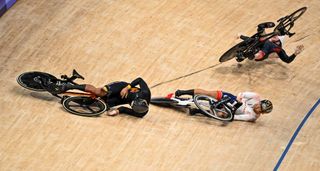 Paris , France - 11 August 2024; Muhammad Shah Firdaus Sahrom of TeamÂ Malaysia, Jack Carlin of TeamÂ Great Britain, and Nakano Shinji of TeamÂ Japan fall during the men's keirin finals at the Saint-Quentin-en-Yvelines National Velodrome during the 2024 Paris Summer Olympic Games in Paris, France. (Photo By David Fitzgerald/Sportsfile via Getty Images)