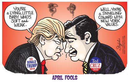 Political cartoon U.S. Trump Cruz April Fools 2016