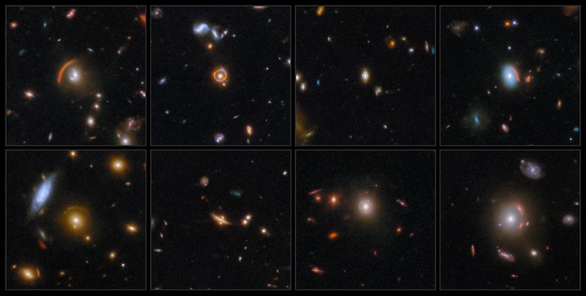 A collage of eight Webb images of gravitational lensing are shown. Each of the images show various distorted galaxies in the centre of each frame, including arcs and circular shapes